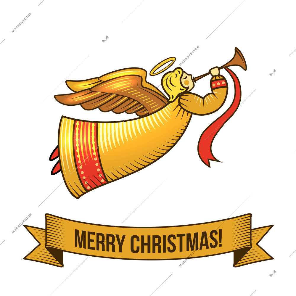 Christmas new year holiday decoration angel icon with ribbon vector illustration