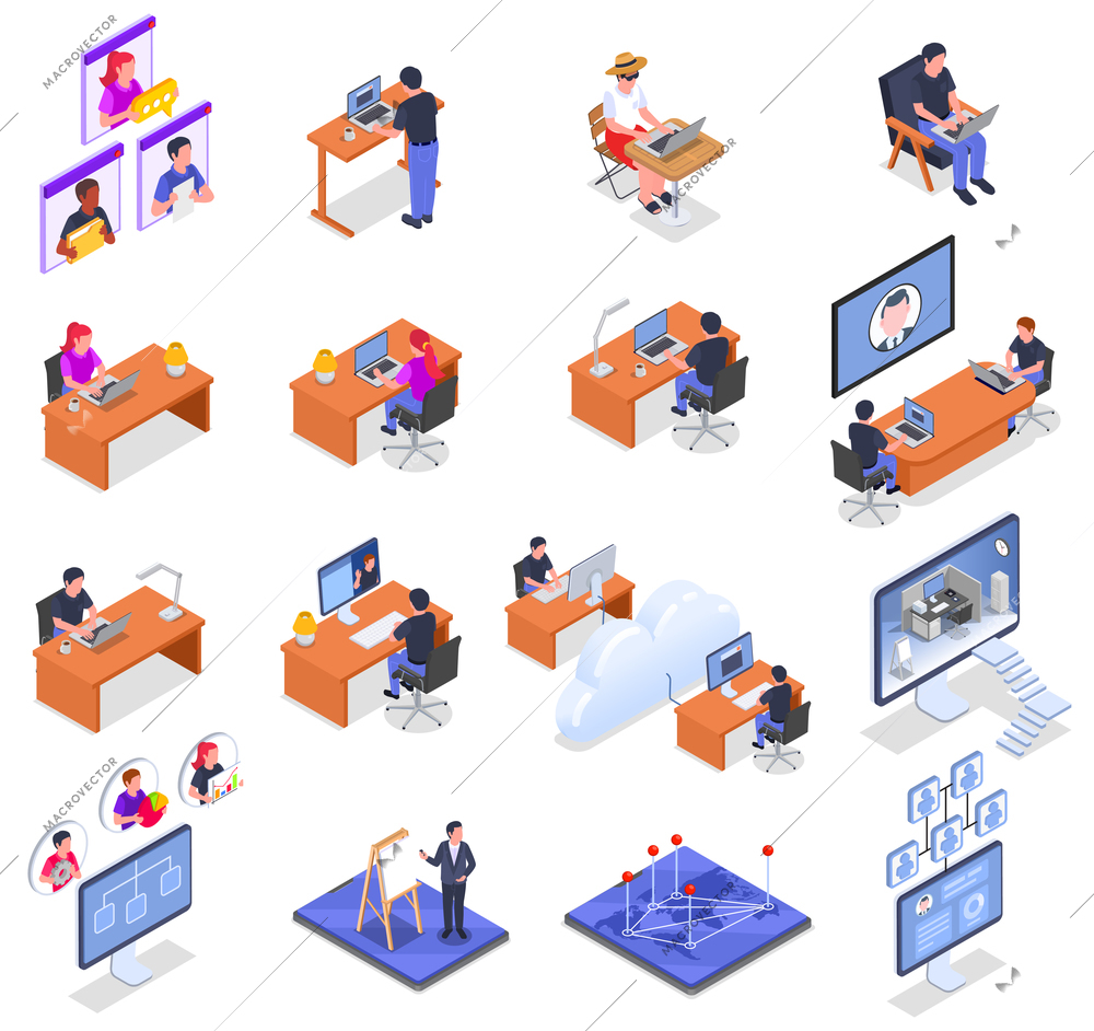 Remote management and teamwork isometric icons set with employees working on computers from home isolated vector illustration
