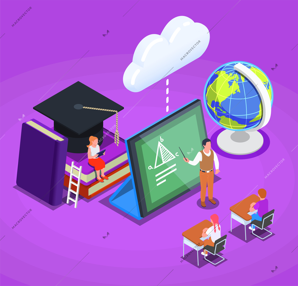 Online education concept with isometric icons of tablet books globe characters of teacher and students 3d vector illustration