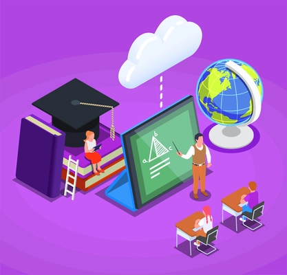 Online education concept with isometric icons of tablet books globe characters of teacher and students 3d vector illustration