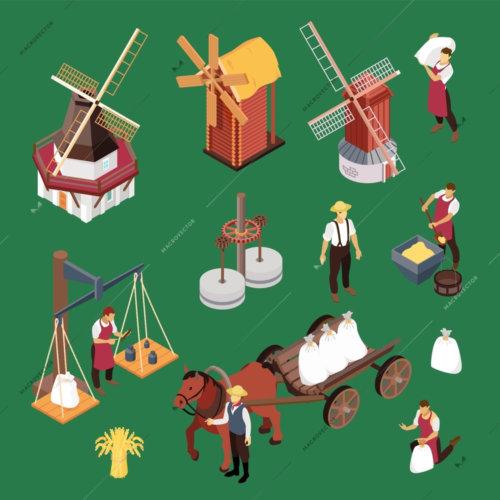 Isometric windmills color set with isolated human characters of agricultural workers and icons of mill facilities vector illustration