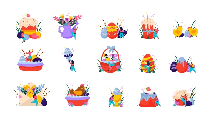 Easter flat set with colored eggs flowers and people isolated vector illustration
