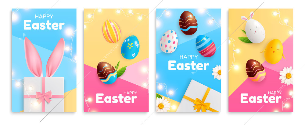 Set of four vertical easter compositions with ornate text and realistic images of gift boxes eggs vector illustration