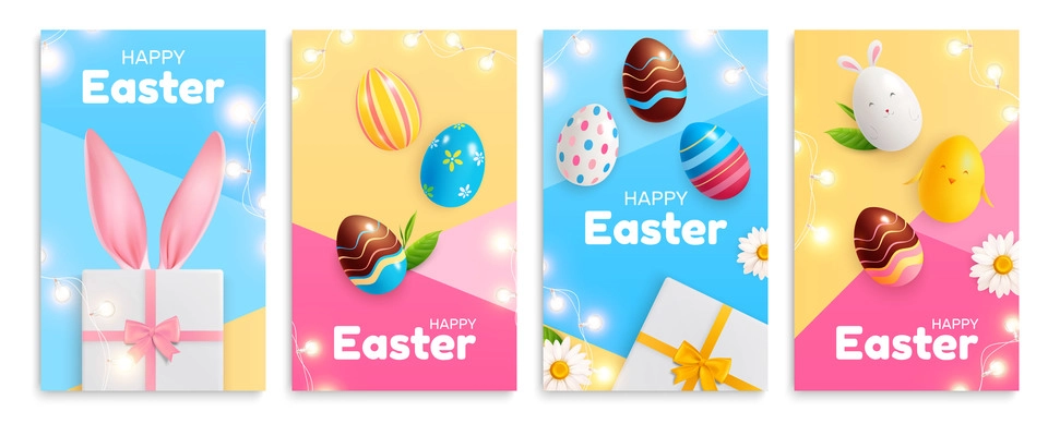 Set of four vertical easter compositions with ornate text and realistic images of gift boxes eggs vector illustration