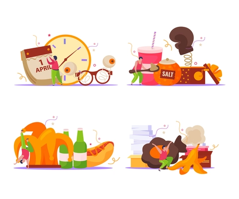 All fools day flat set of isolated compositions with icons of various pranks and human characters vector illustration