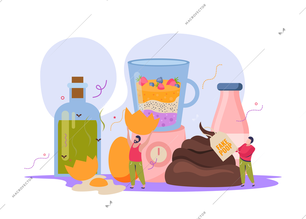 All fools day flat composition with pranking human characters holding fake drinks and food with poop vector illustration
