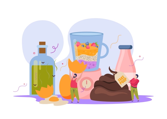 All fools day flat composition with pranking human characters holding fake drinks and food with poop vector illustration