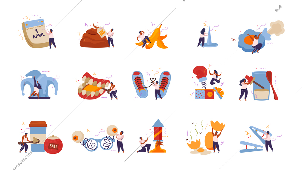 All fools day flat recolor set of isolated icons with small human characters doing various pranks vector illustration