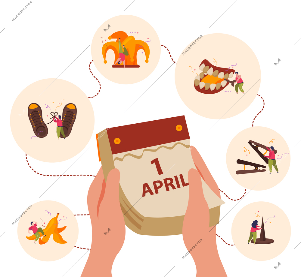 All fools day flat background composition with hands holding calendar surrounded by circle icons of pranks vector illustration