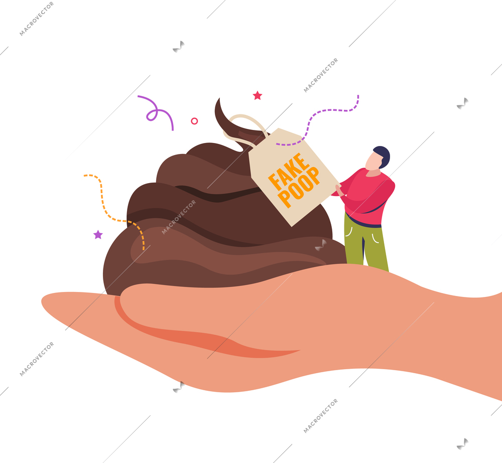 All fools day flat background composition with human hand holding fake poop with text on tag vector illustration