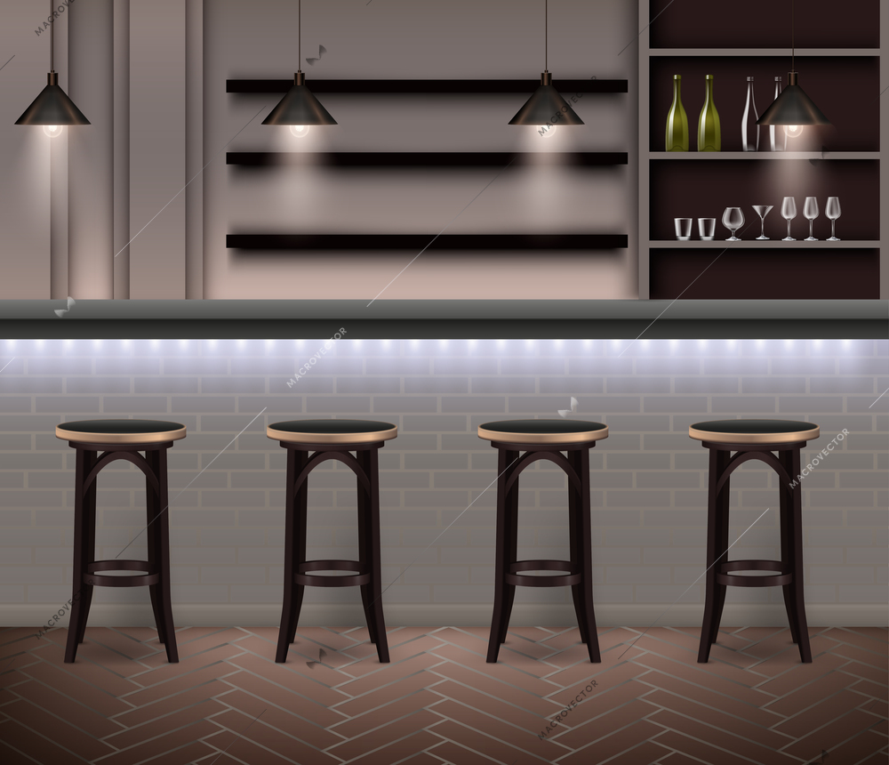 Bar interior realistic background in modern design with bar counter high chairs and shelves with alcohol bottles and wine glasses vector illustration