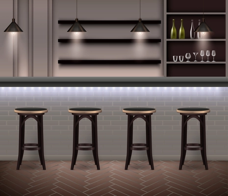 Bar interior realistic background in modern design with bar counter high chairs and shelves with alcohol bottles and wine glasses vector illustration