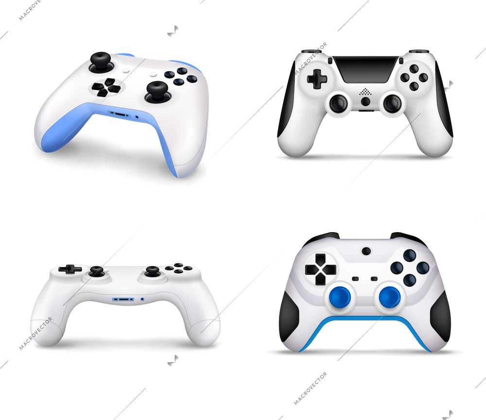 Realistic set of various models of controllers for video game console on white background isolated vector illustration