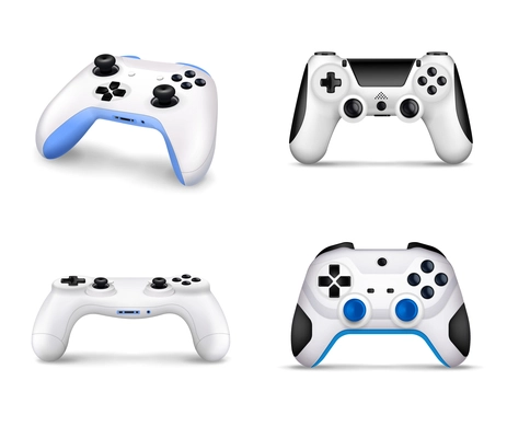 Realistic set of various models of controllers for video game console on white background isolated vector illustration