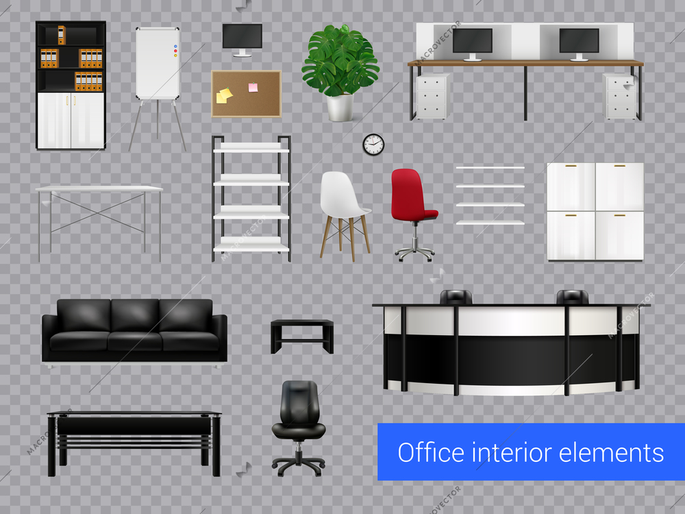 Office interior elements realistic set of furniture items on transparent background isolated vector illustration