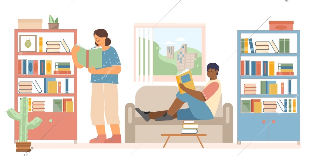 Home library flat composition with two at home reading books that are on the shelves vector illustration