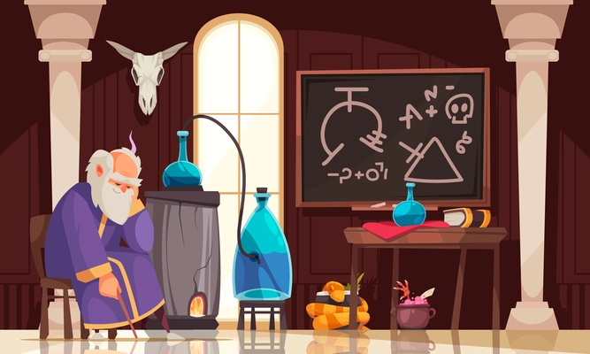 Old alchemist sitting in his laboratory with flasks snake board cartoon vector illustration