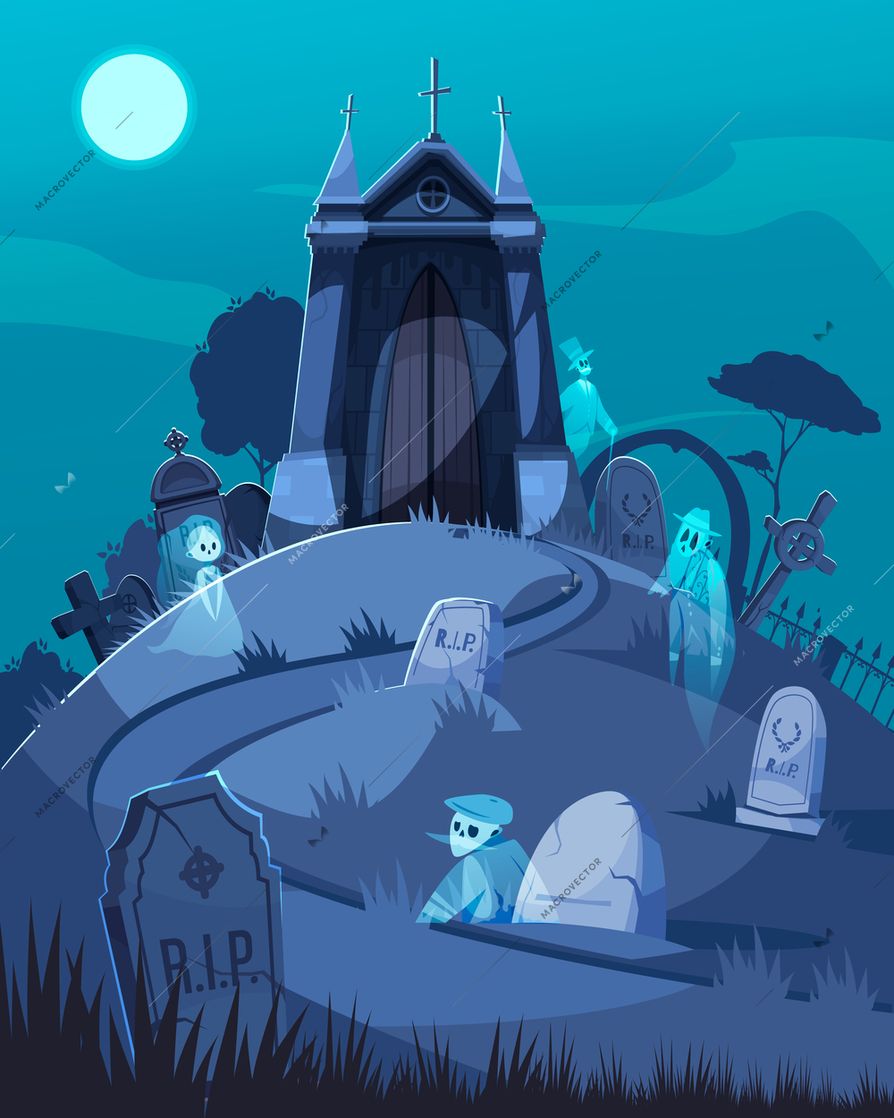Old cemetery chapel and ghosts walking among tombstones cartoon vector illustration