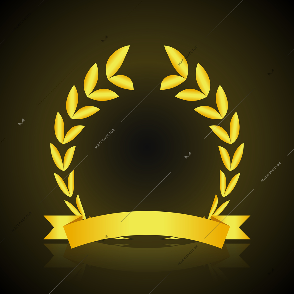 Gold victory wreath insignia with ribbon on dark background vector illustration