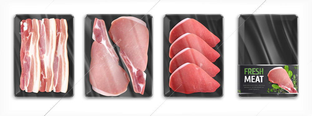 Set of four isolated images with realistic meat in packages with steaks bacon and empty box vector illustration