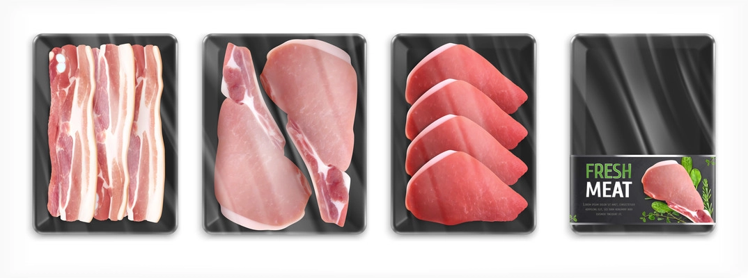 Set of four isolated images with realistic meat in packages with steaks bacon and empty box vector illustration