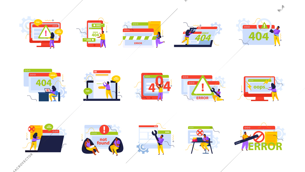 Computer repair recolor set with help desk symbols flat isolated vector illustration