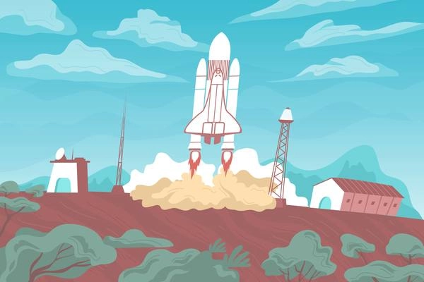 Rocket launch flat composition with outdoor view of rocket starting up from launch pad with trails vector illustration