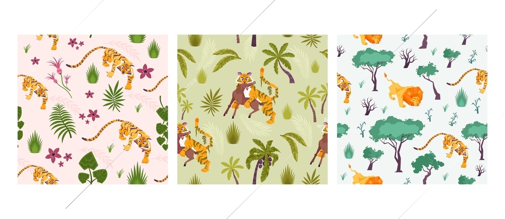Set of three square patterns with flat images of tigers lions and leopards among exotic trees vector illustration