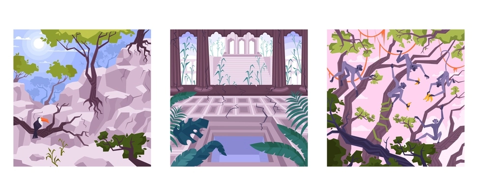 Set of three square compositions with flat landscapes cliffs and lianas with monkeys birds and castle vector illustration