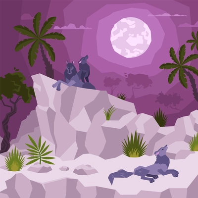 Landscape flat composition with view of tropical night with moon and palms with wolves on cliffs vector illustration
