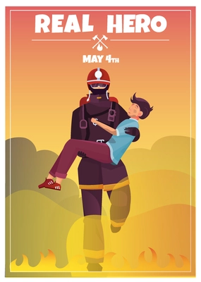 Flat card dedicated to international firefighters day with title real hero and date of holiday flat vector illustration