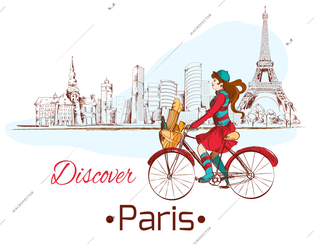 Discover Paris sketch poster with gjrl on bike and eiffel tower vector illustration