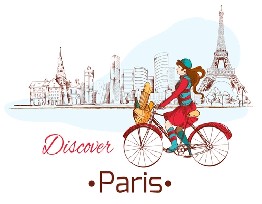 Discover Paris sketch poster with gjrl on bike and eiffel tower vector illustration