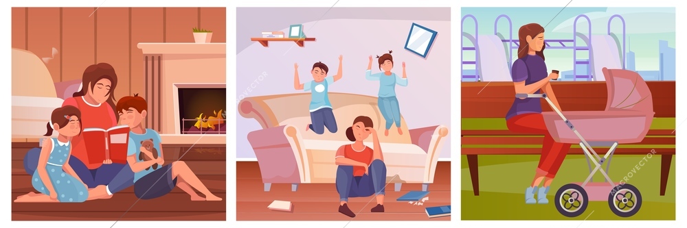 Motherhood three flat illustrations with mother characters and their children doing everyday activities isolated vector illustration