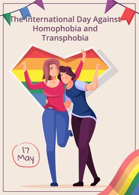 International day against  homophobia and transphobia flat poster with female couple holding rainbow heart vector illustration