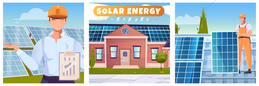 Solar energy three flat illustrations with men working installation solar cell on roof top isolated vector illustration