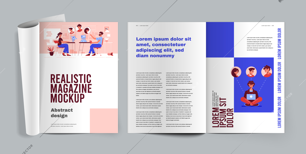 Magazine mockup realistic design concept with opened page articles and pictures vector illustration
