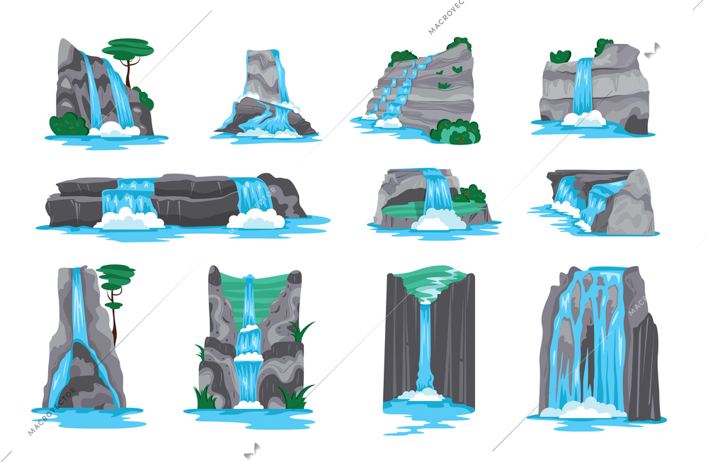 Waterfall in mountains cartoon set of decorative elements for video game interface isolated on white background vector illustration