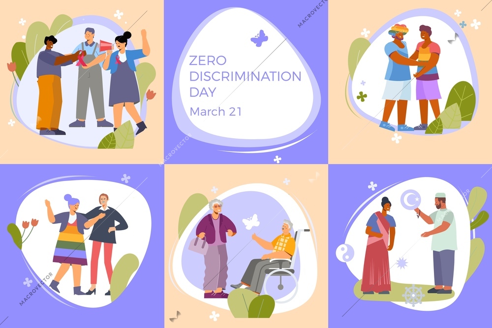 Discrimination set of six flat compositions with doodle human characters during personal interactions with editable text vector illustration