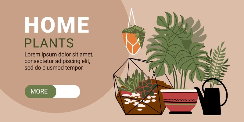 Home plants horizontal banner with editable text more button and images of flowers in decorative pots vector illustration