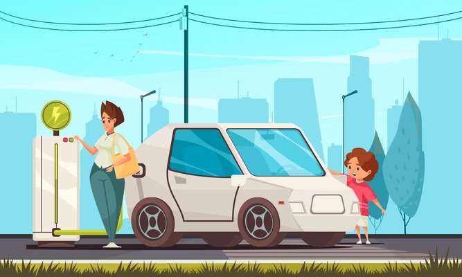 Young family charging electric car using ecologically environment friendly green energy flat composition cityscape background vector illustration