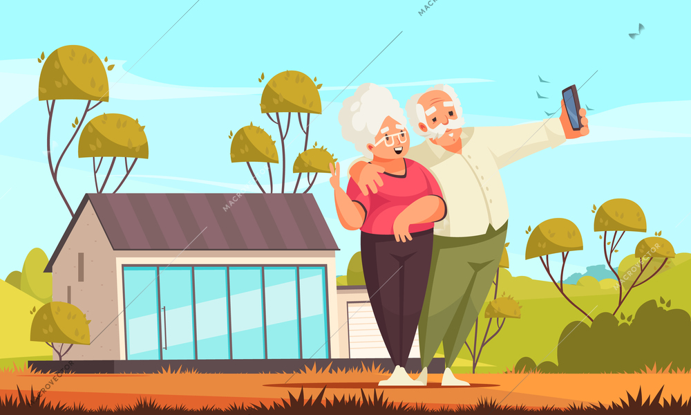 Old people activity cartoon composition with happy senior couple taking selfie in their back garden vector illustration