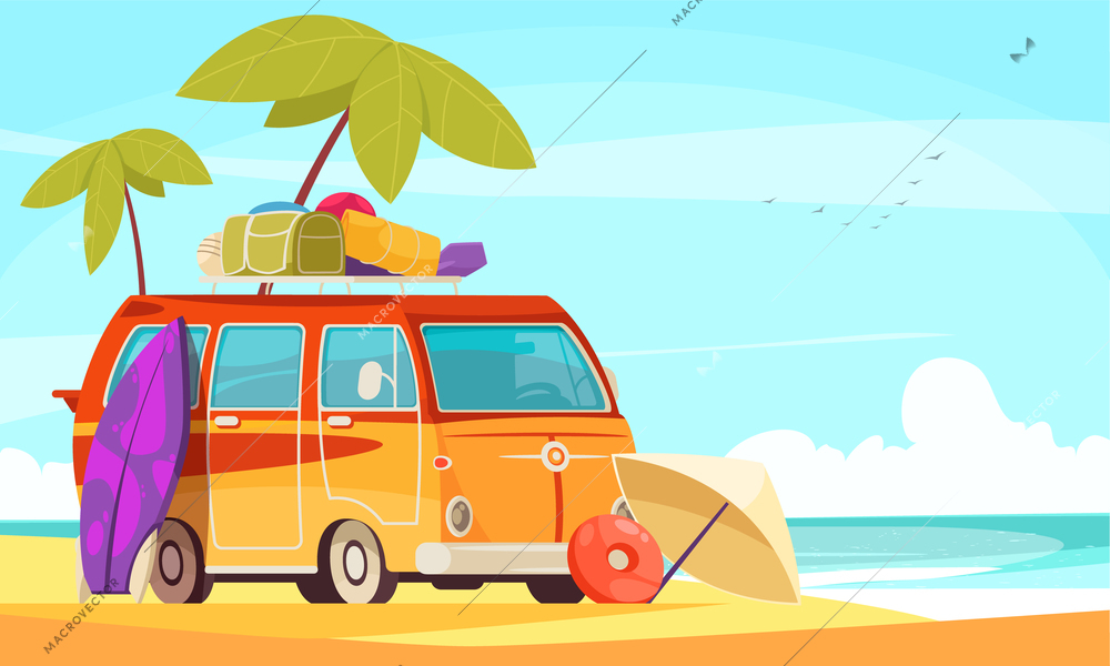 Caravan camper van surfing vacation flat cartoon composition with retro style minibus on sand beach vector illustration