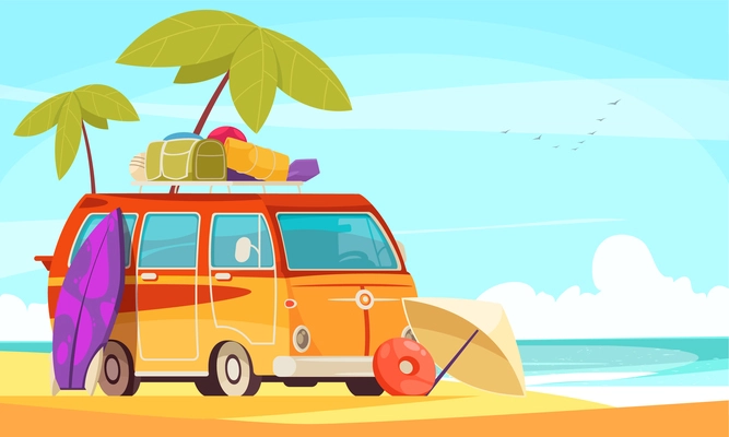 Caravan camper van surfing vacation flat cartoon composition with retro style minibus on sand beach vector illustration