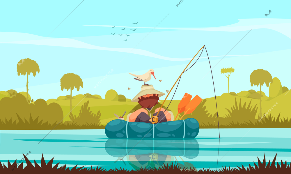 Recreational fishing flat composition with fisherman angling in boat seagull building nest on his hat vector illustration