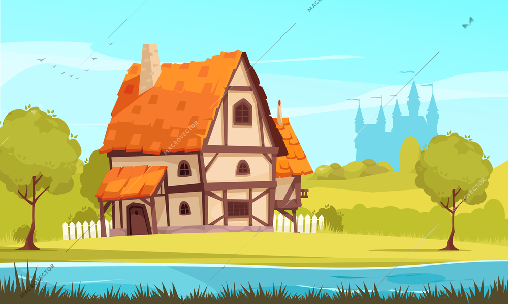 Architectural evolution cartoon image of medieval suburban cottage surrounded by nature with castle silhouette on background vector illustration