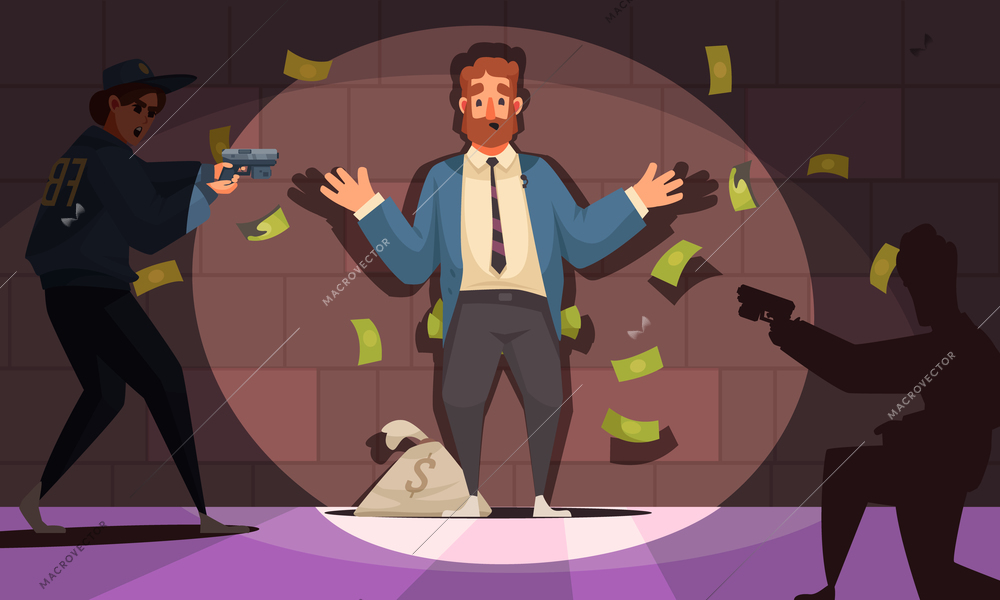 Dirty money corruption cartoon composition with bribed government official civil servant detention amidst flying dollars banknotes vector illustration