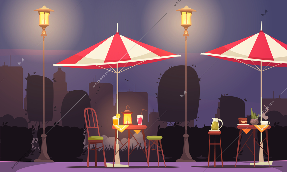 Street cafe cartoon composition with tables cocktail drinks umbrellas in lantern light dark cityscape background vector illustration