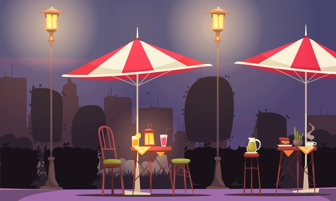 Street cafe cartoon composition with tables cocktail drinks umbrellas in lantern light dark cityscape background vector illustration