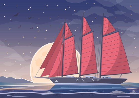 Yachting cartoon composition of big boat with red sails crossing bay water on night sky background vector illustration